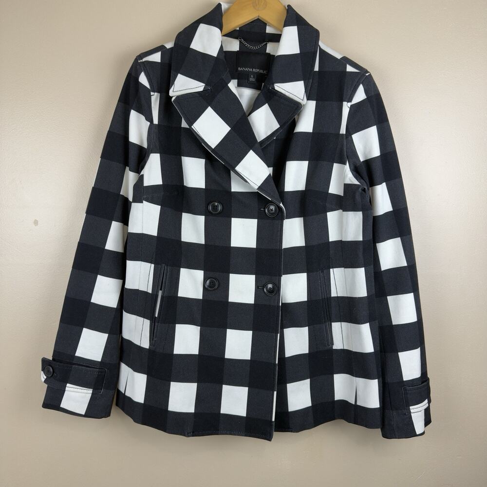Banana Republic Women’s Plaid Black White Double-Breasted Pea coat Office Size S